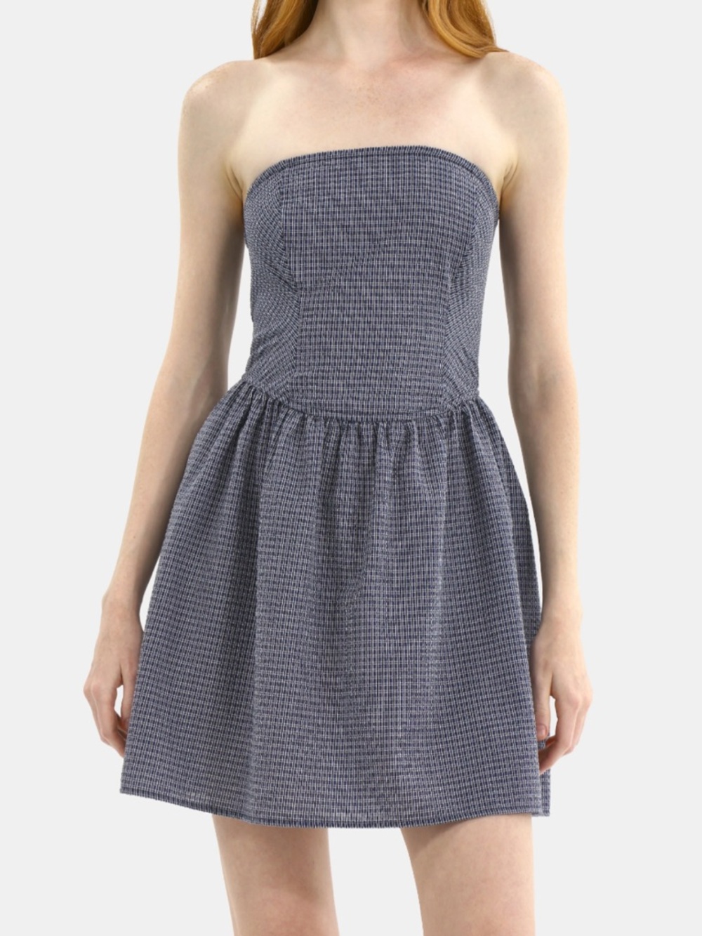No Boundaries Black Strapless Plaid Seersucker Mini Dress
